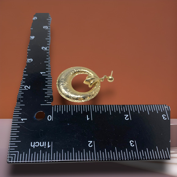 Vintage 1980s Gold Tone Engraved Pierced Dangle Earrings Bohemian Byzantine - Picture 4 of 5